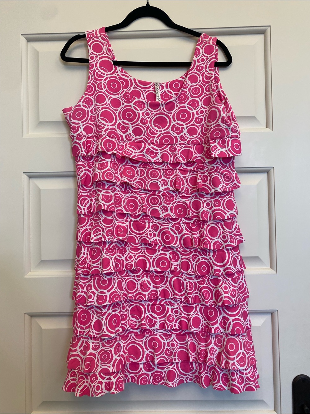 Girls' Pink Ruffle Tank Dress with White Circle Print